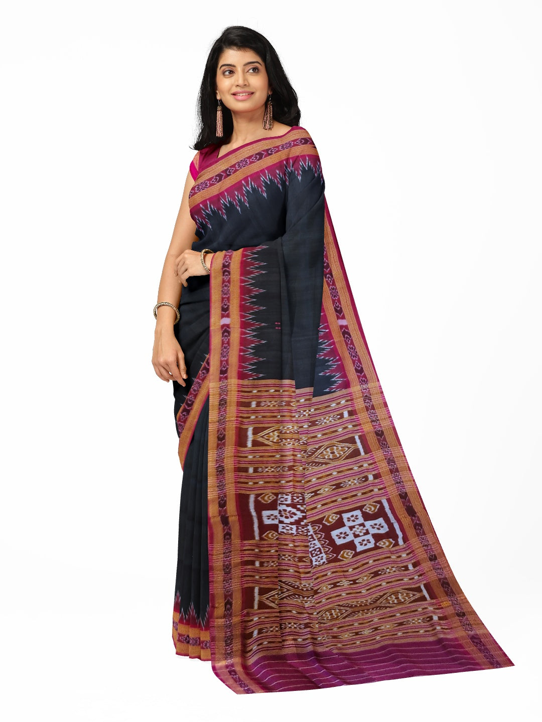 Black with Pink Odisha Khandua Patta Silk Saree with running blouse piece