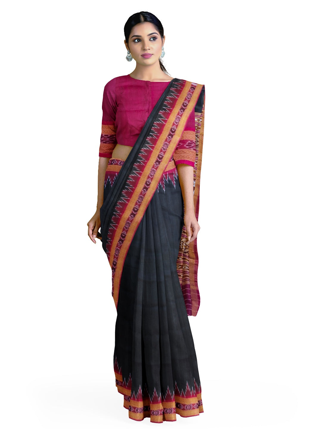 Black with Pink Odisha Khandua Patta Silk Saree with running blouse piece
