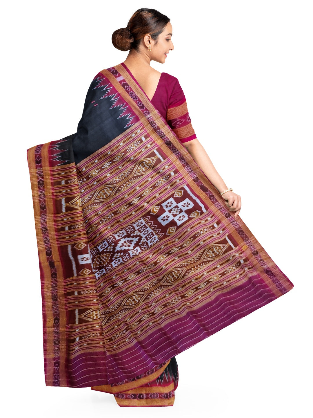 Black with Pink Odisha Khandua Patta Silk Saree with running blouse piece