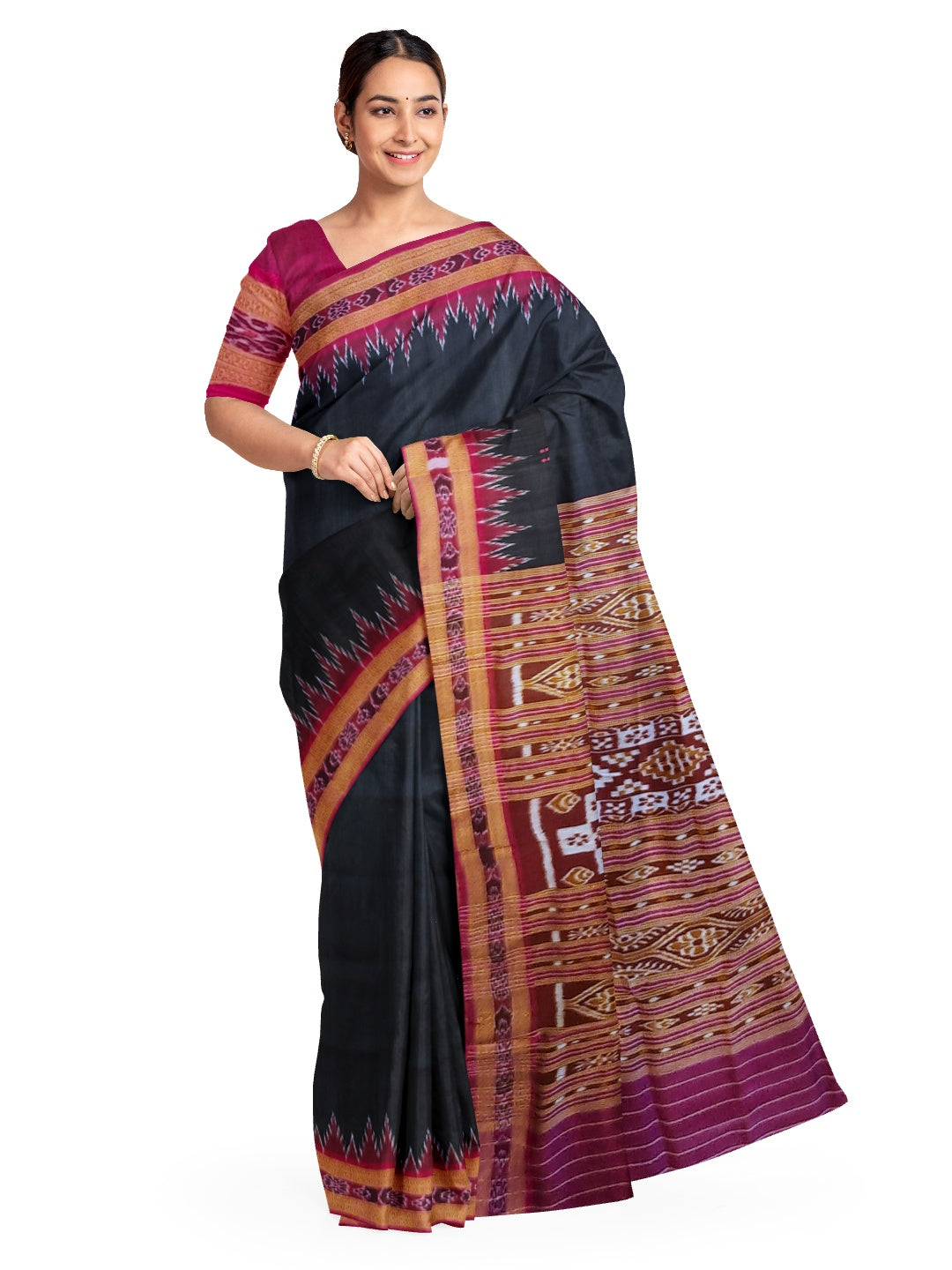Black with Pink Odisha Khandua Patta Silk Saree with running blouse piece