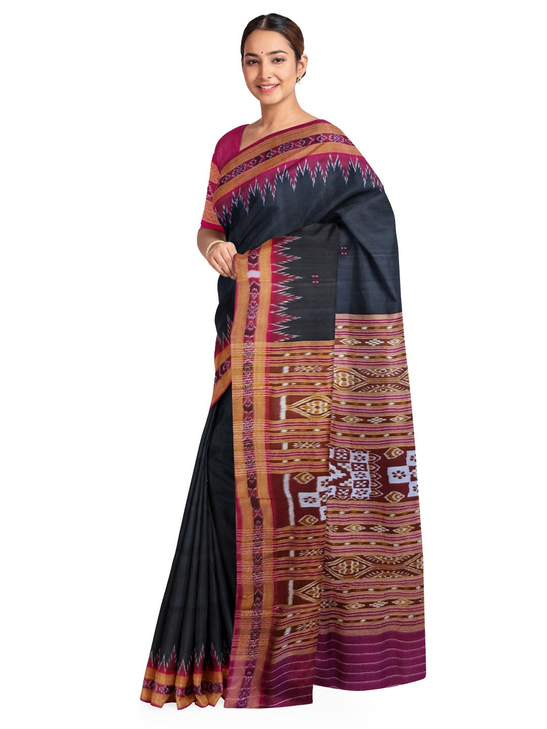 Black with Pink Odisha Khandua Patta Silk Saree with running blouse piece