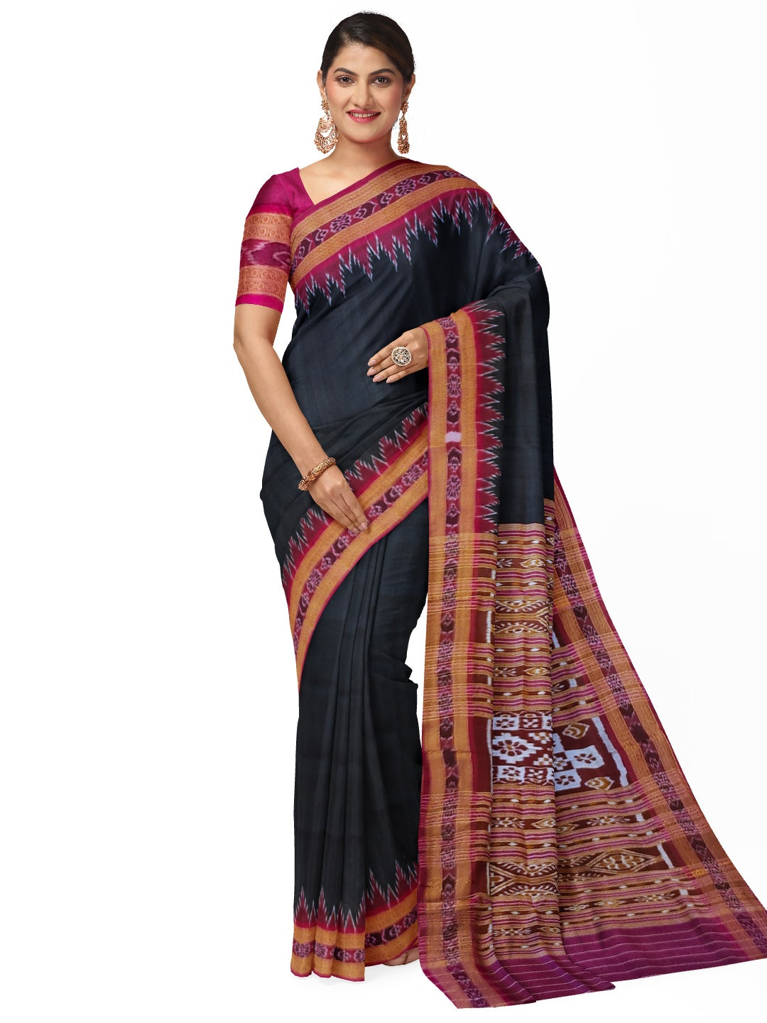 Black with Pink Odisha Khandua Patta Silk Saree with running blouse piece