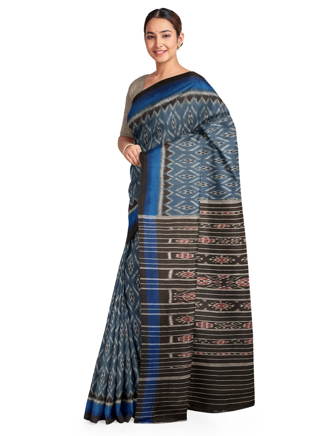 Blue  Odisha Ikat saree  with mix match cotton ikat blouse