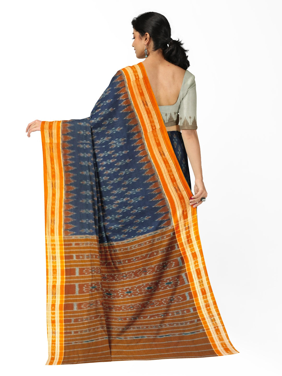 Blue and Orange Cotton Odisha Ikat saree  with mix match cotton ikat blouse