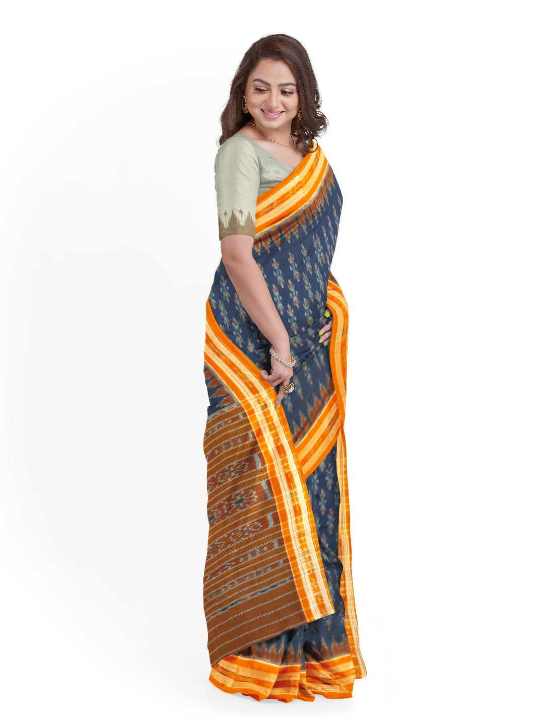 Blue and Orange Cotton Odisha Ikat saree  with mix match cotton ikat blouse