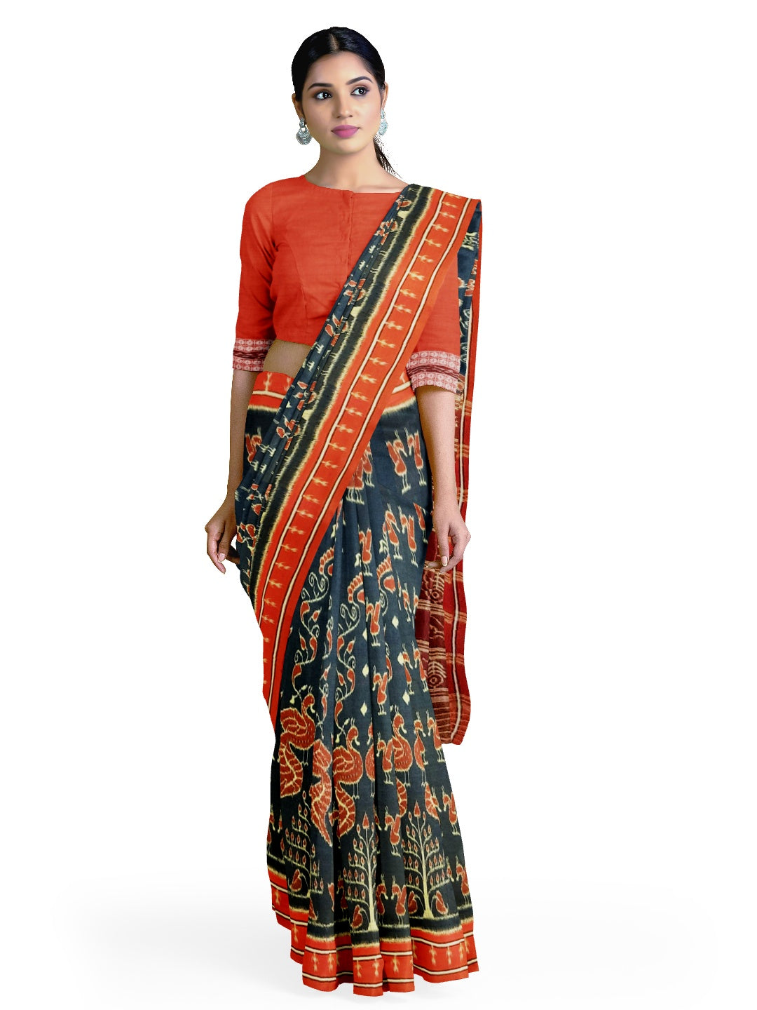 Blue and Red Odisha Ikat saree with cotton ikat blouse piece