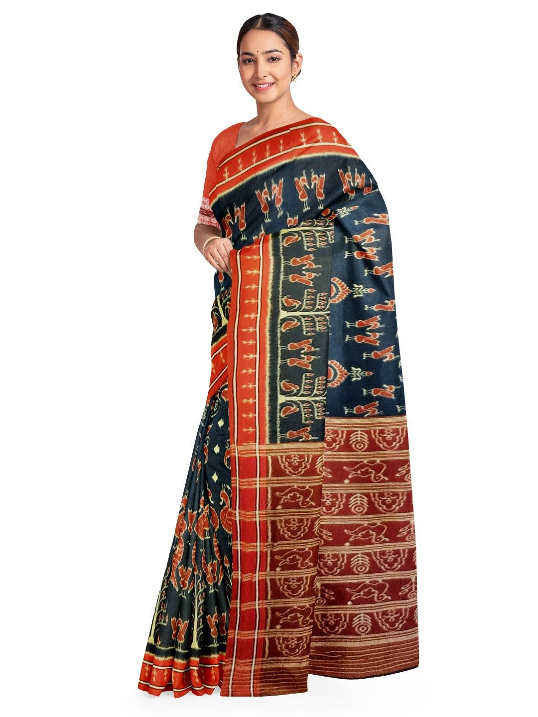 Blue and Red Odisha Ikat saree with cotton ikat blouse piece