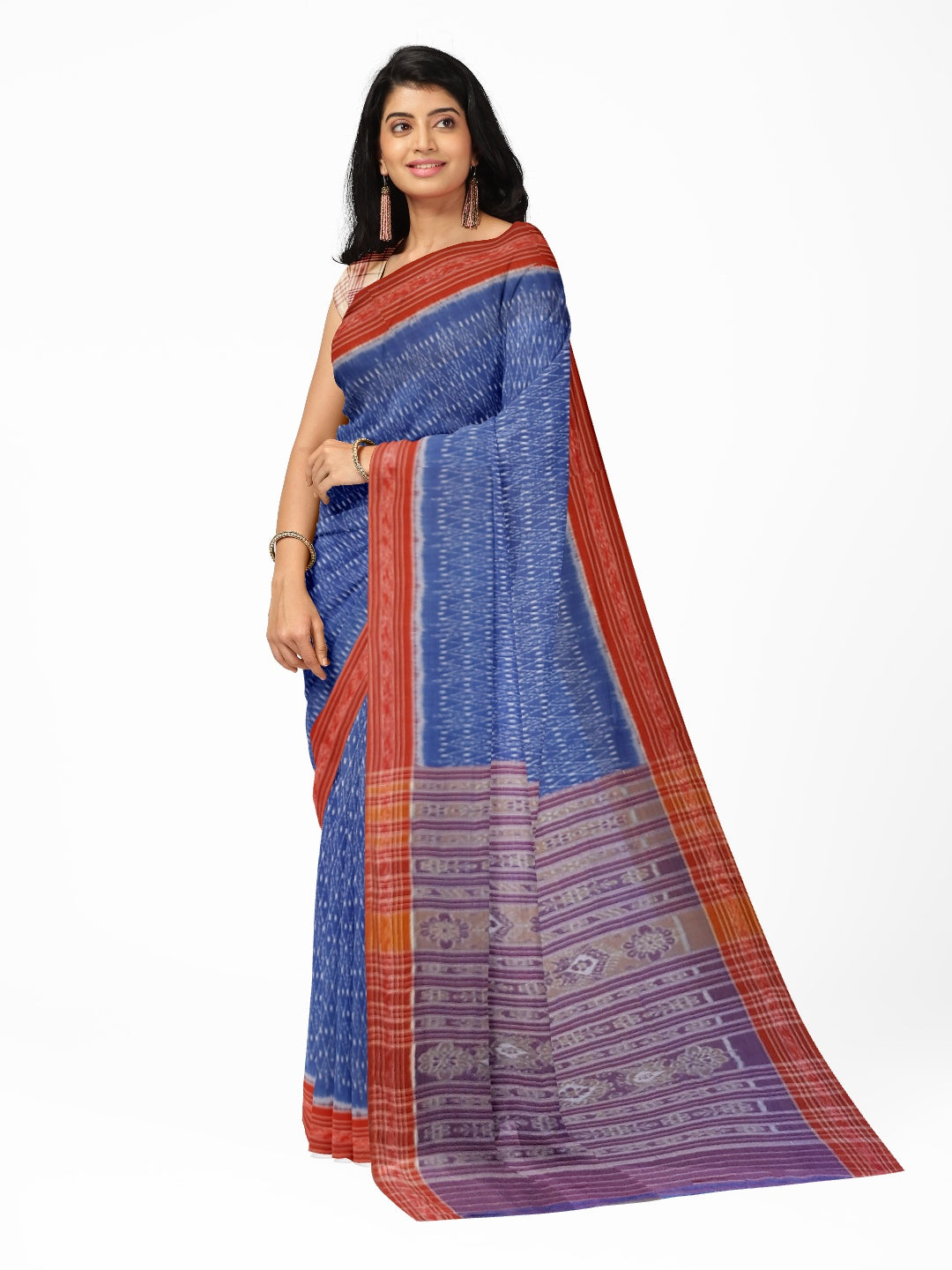 Blue and Red Cotton Odisha Ikat saree  with mix match cotton ikat blouse piece