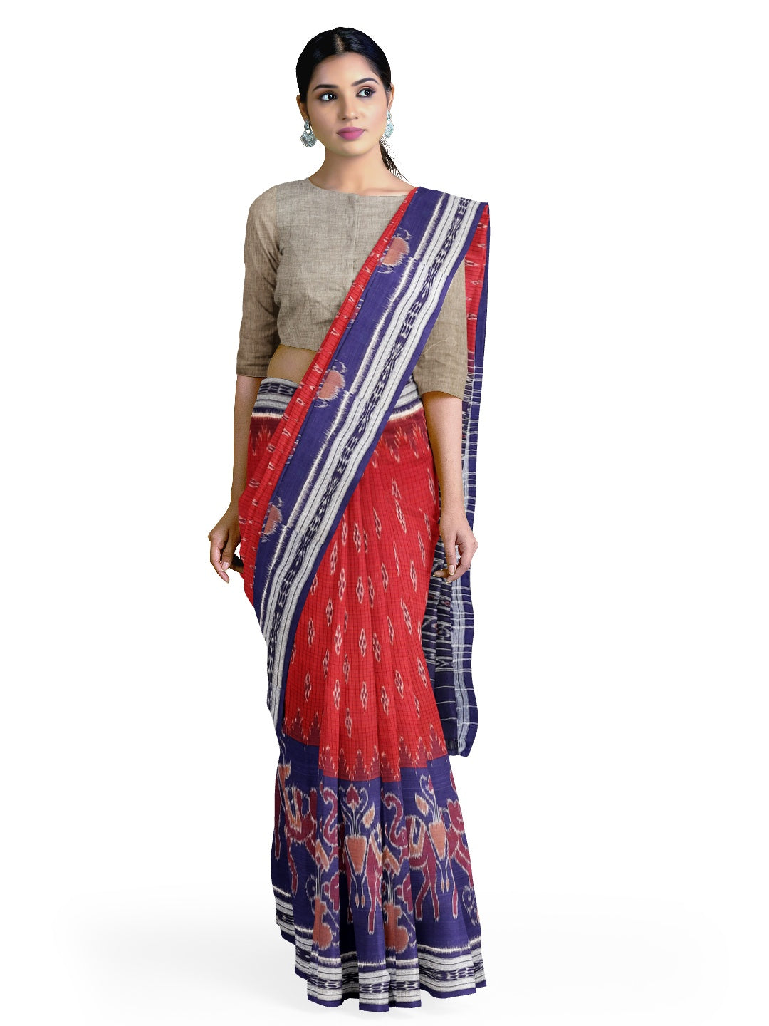 Blue wide border Cotton Odisha Ikat saree with mix match cotton ikat blouse piece
