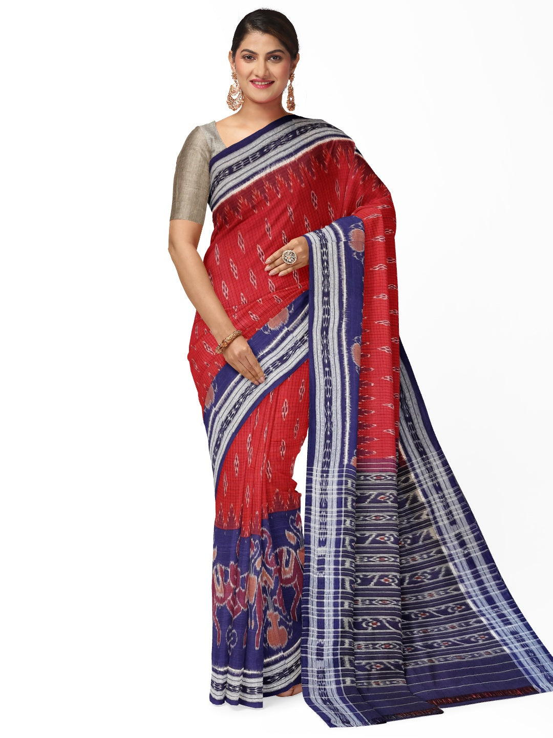 Blue wide border Cotton Odisha Ikat saree with mix match cotton ikat blouse piece