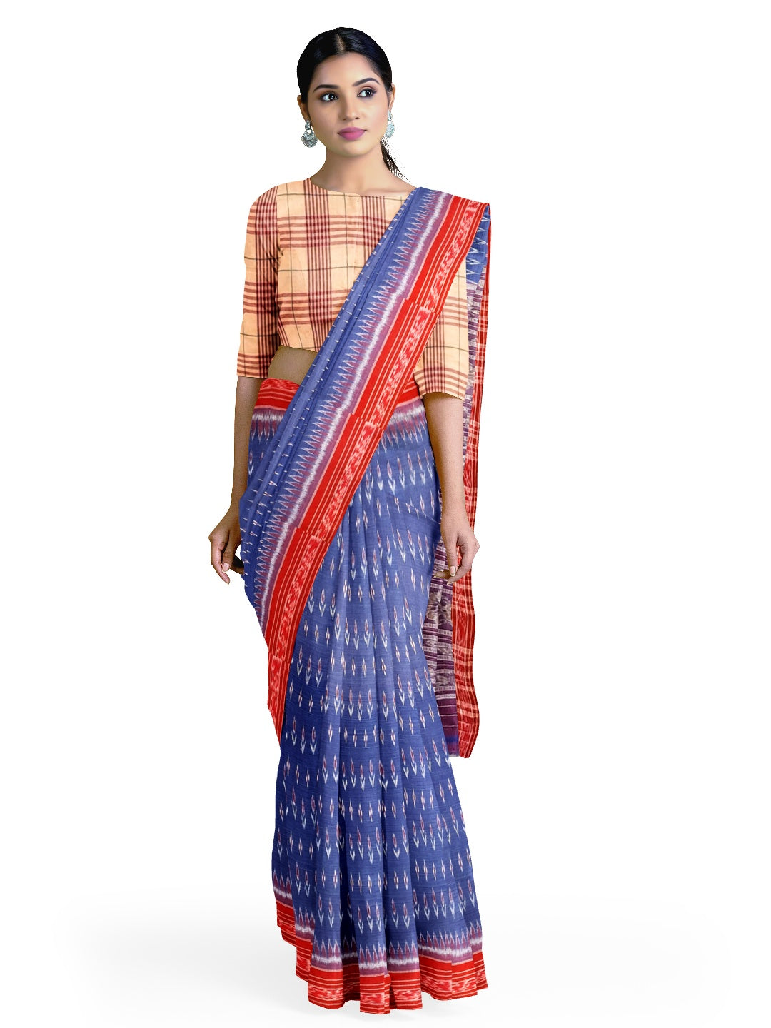 Blue and Red Cotton Odisha Ikat saree  with mix match cotton ikat blouse piece