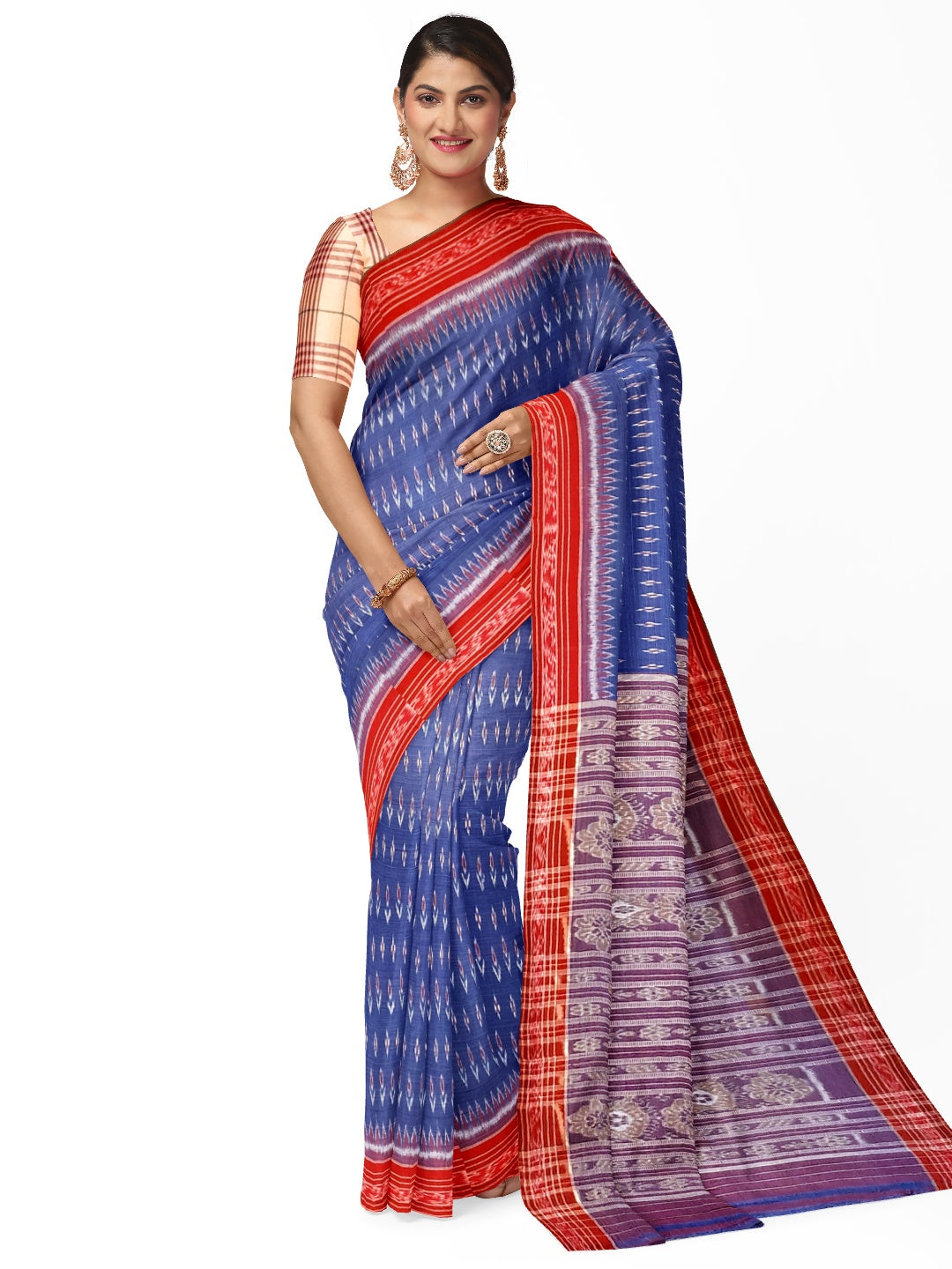 Blue and Red Cotton Odisha Ikat saree  with mix match cotton ikat blouse piece