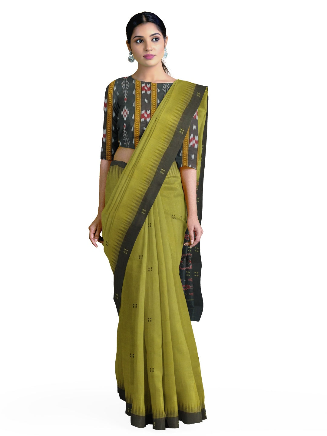 Green and Black Cotton Odisha Ikat saree  with mix match cotton ikat blouse