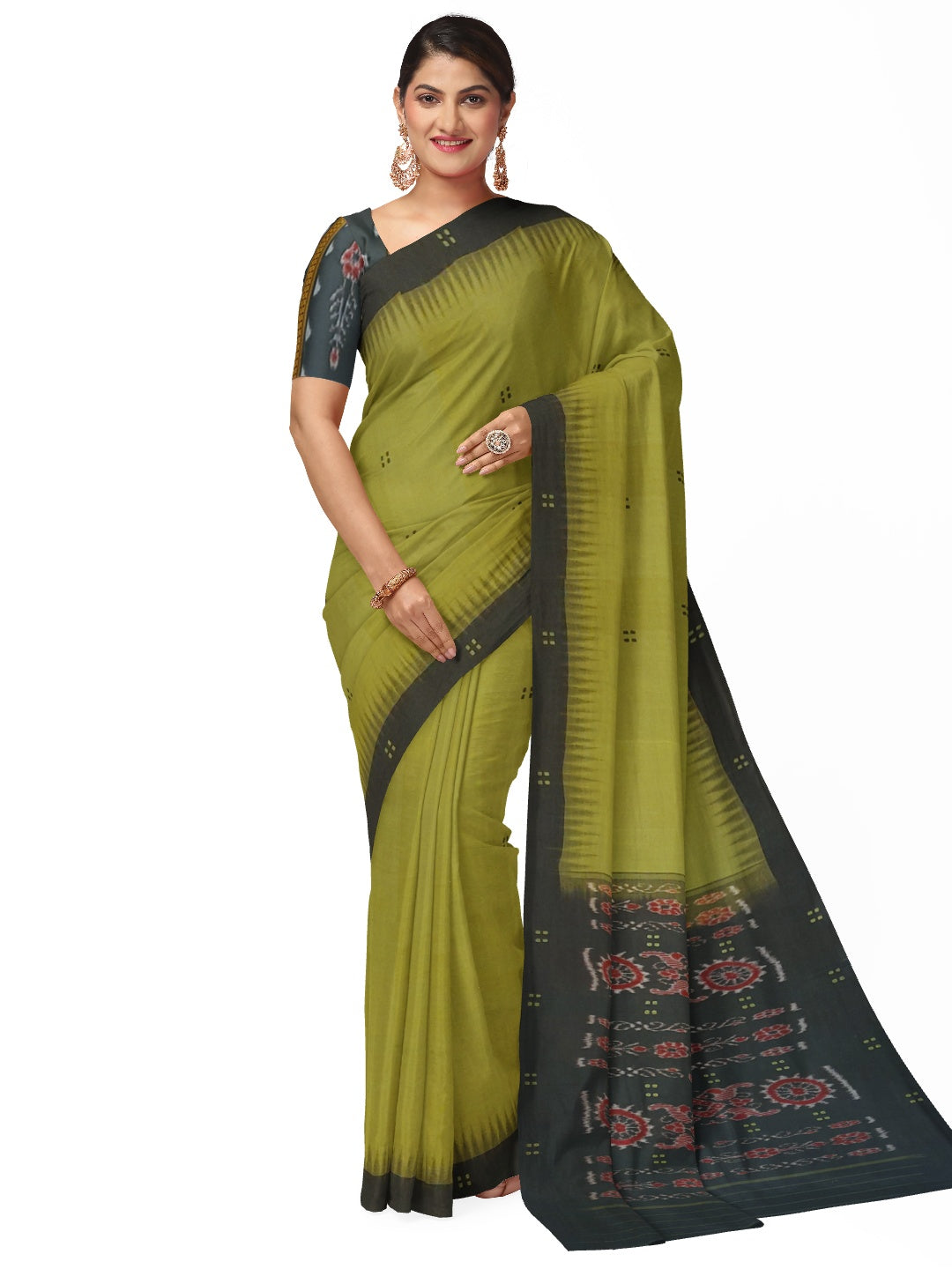 Green and Black Cotton Odisha Ikat saree  with mix match cotton ikat blouse