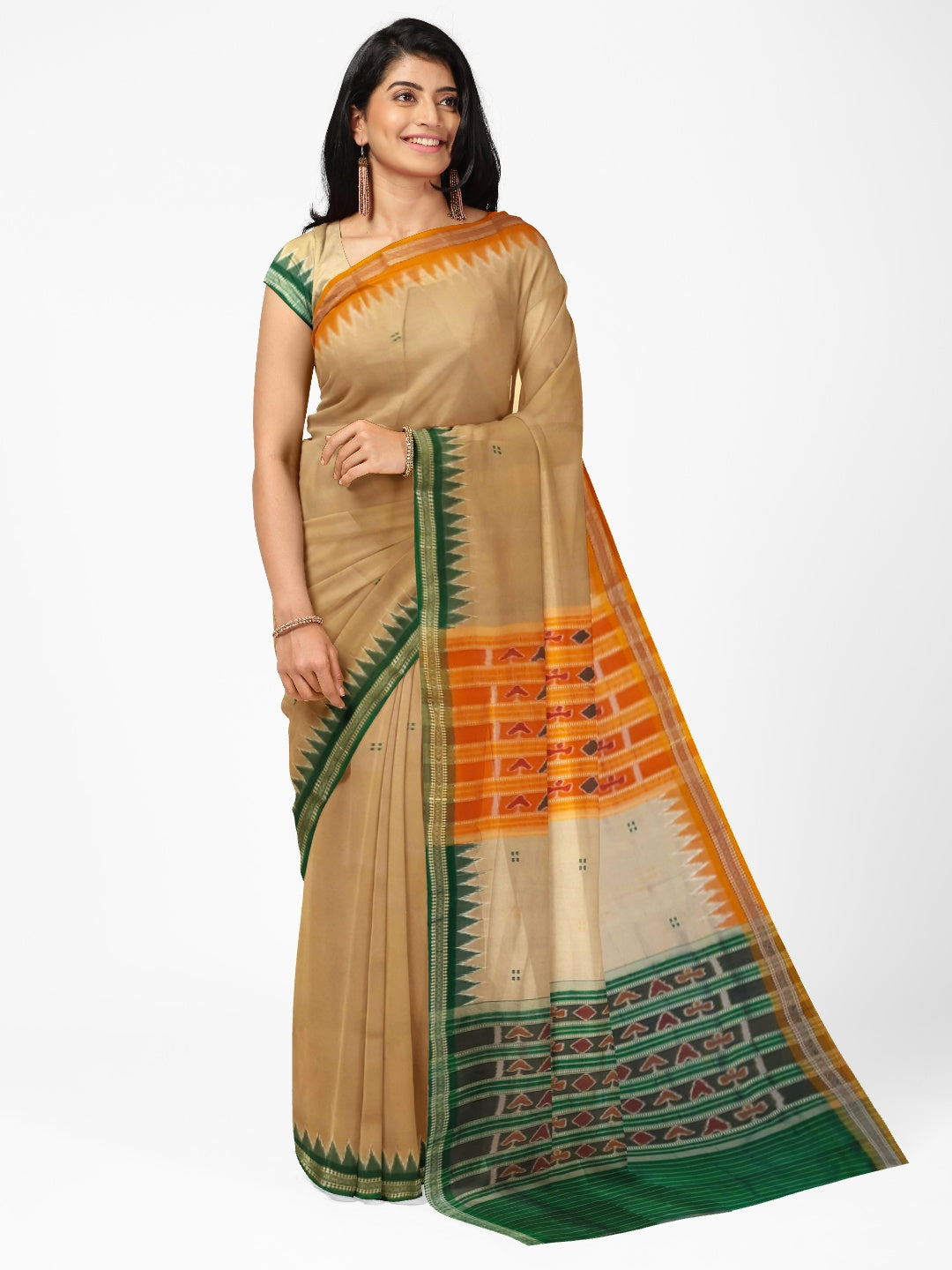 Beige Gangajamuna border Odisha Khandua Pata Silk Saree with running blouse piece