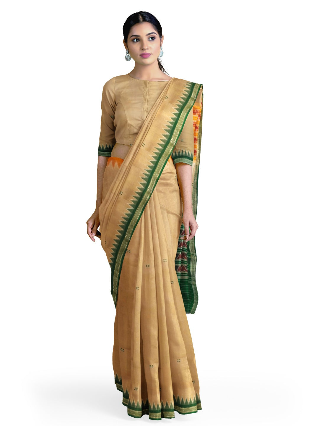 Beige Gangajamuna border Odisha Khandua Pata Silk Saree with running blouse piece