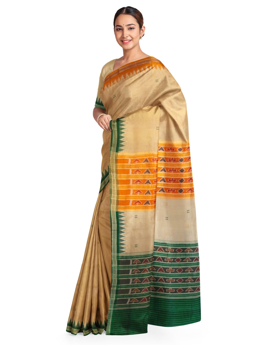 Beige Gangajamuna border Odisha Khandua Pata Silk Saree with running blouse piece