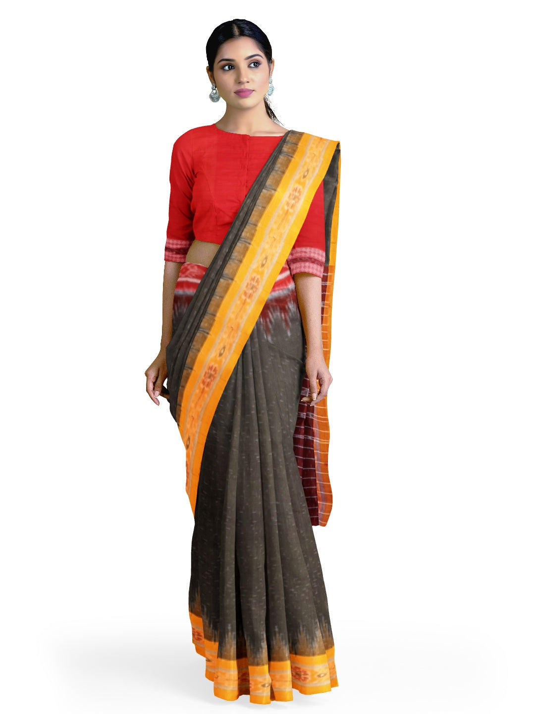 OliveGreen Cotton Gangajamuna Odisha Ikat saree  with mix match cotton ikat blouse