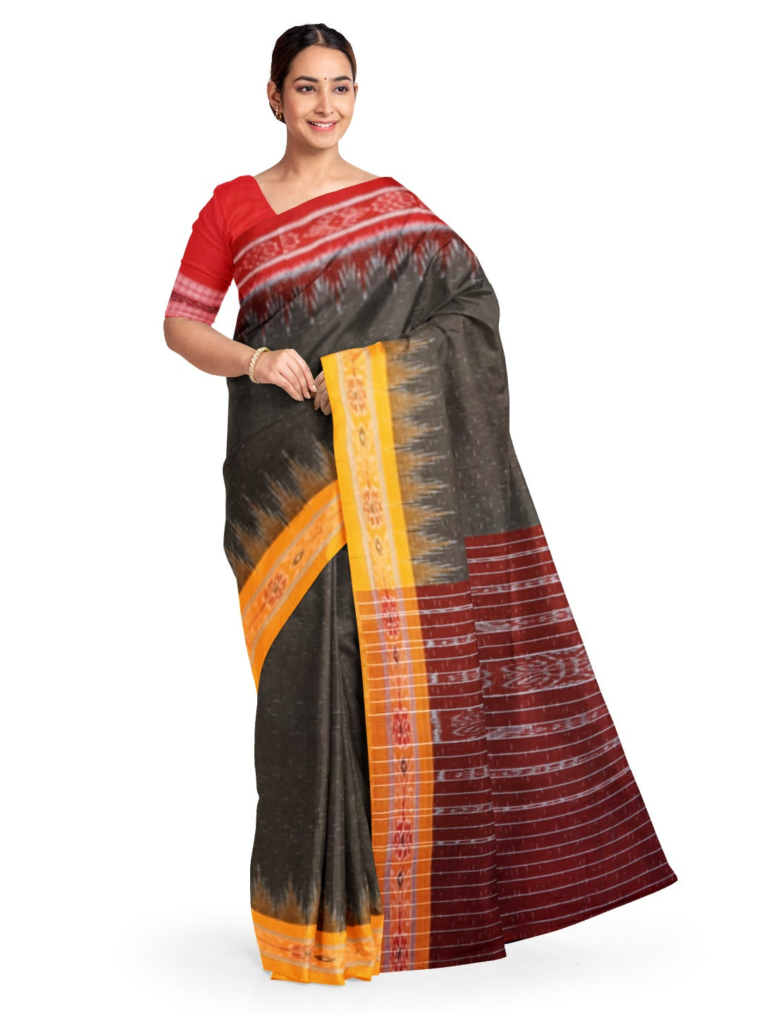 OliveGreen Cotton Gangajamuna Odisha Ikat saree  with mix match cotton ikat blouse