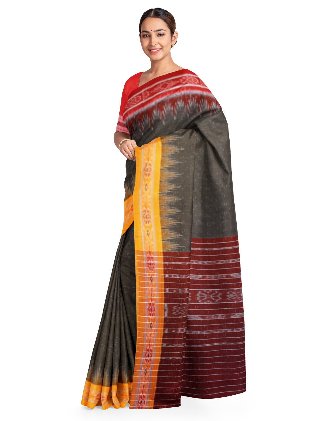 OliveGreen Cotton Gangajamuna Odisha Ikat saree  with mix match cotton ikat blouse