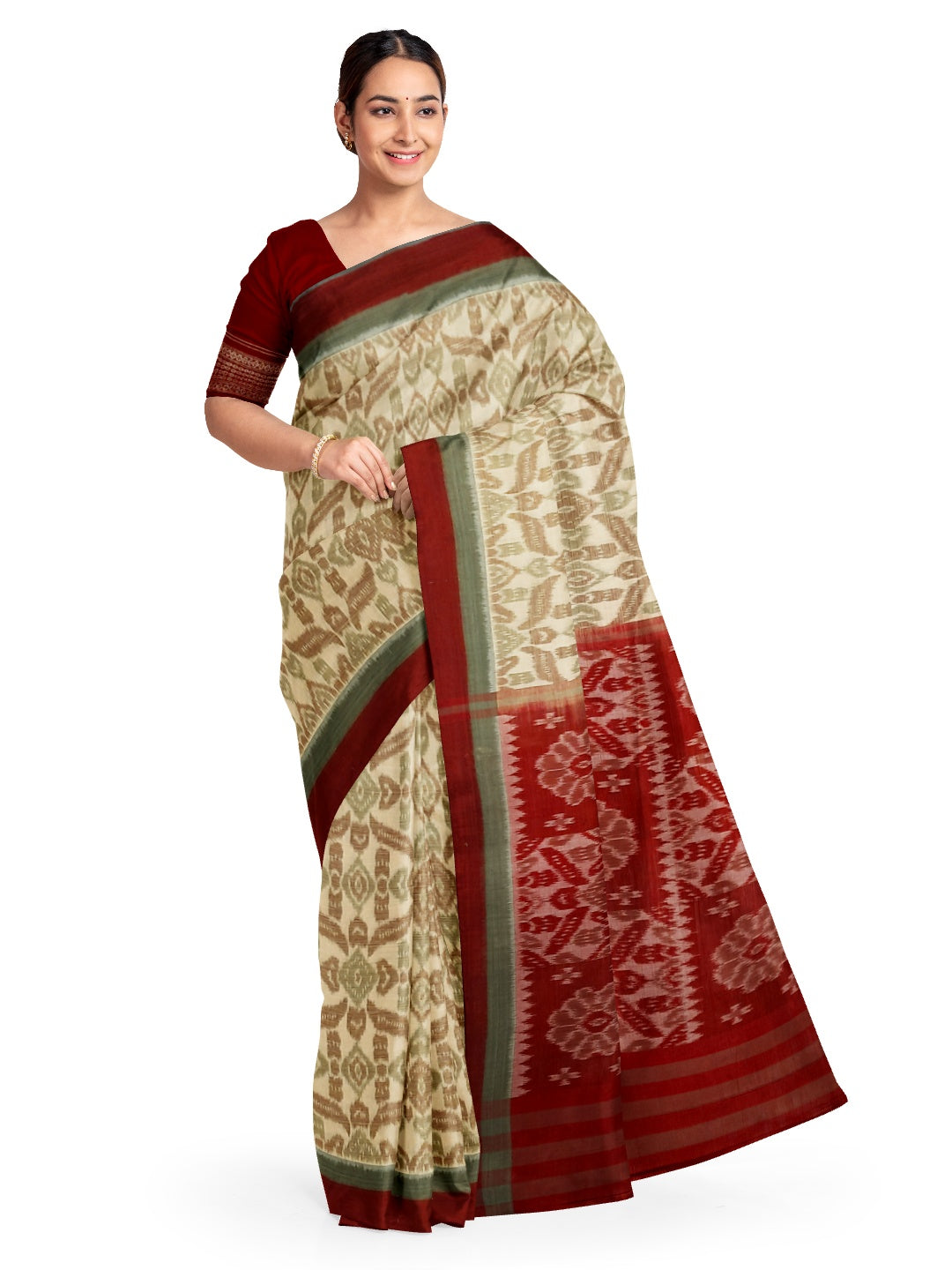 Beige Odisha Ikat saree  with mix match cotton ikat blouse