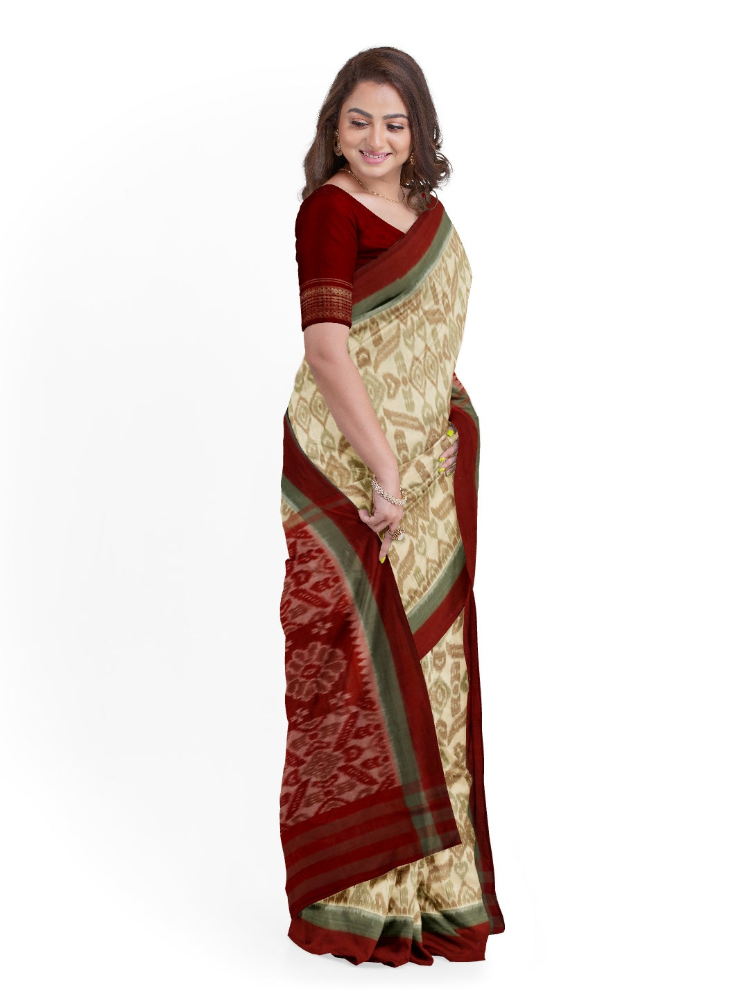 Beige Odisha Ikat saree  with mix match cotton ikat blouse