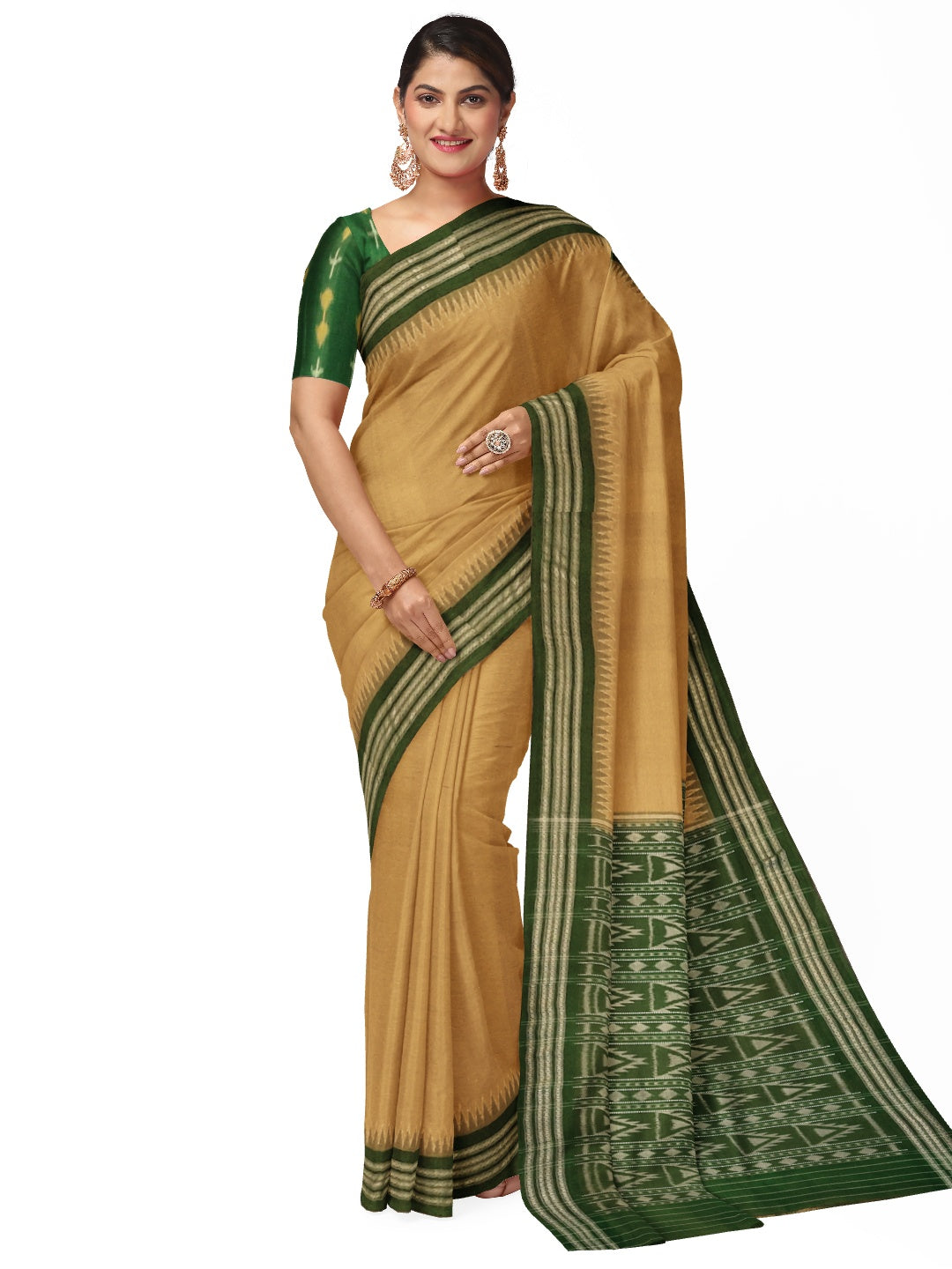 Olive-green Cotton Odisha Ikat saree  with mix match cotton ikat blouse