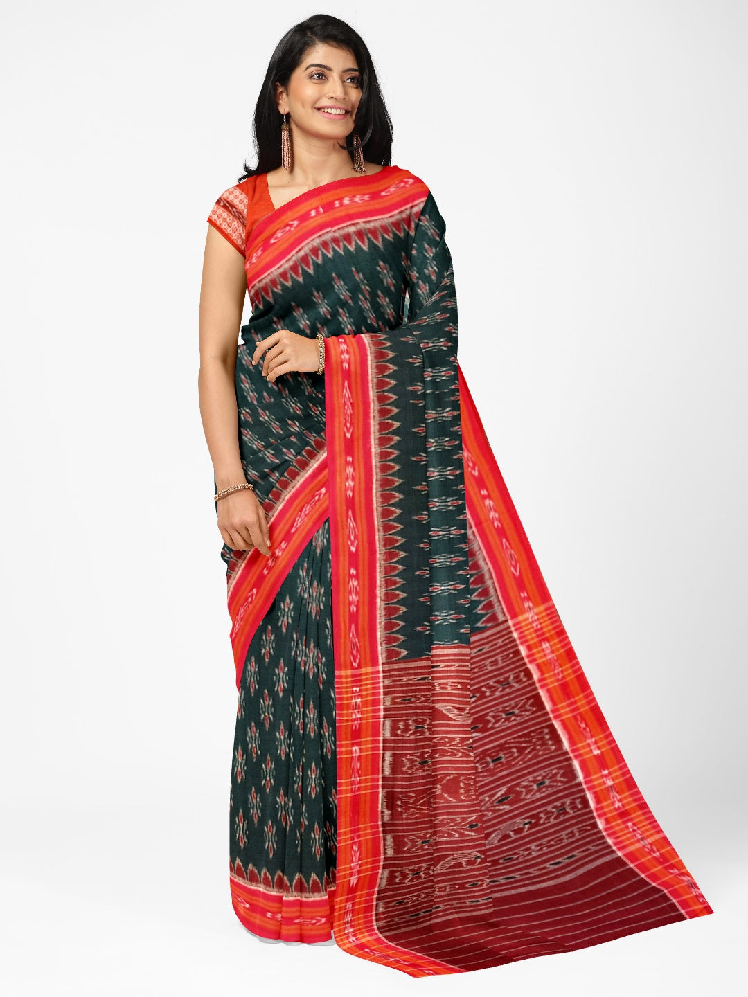 Green Red Cotton Odisha Ikat saree  with mix match cotton ikat blouse