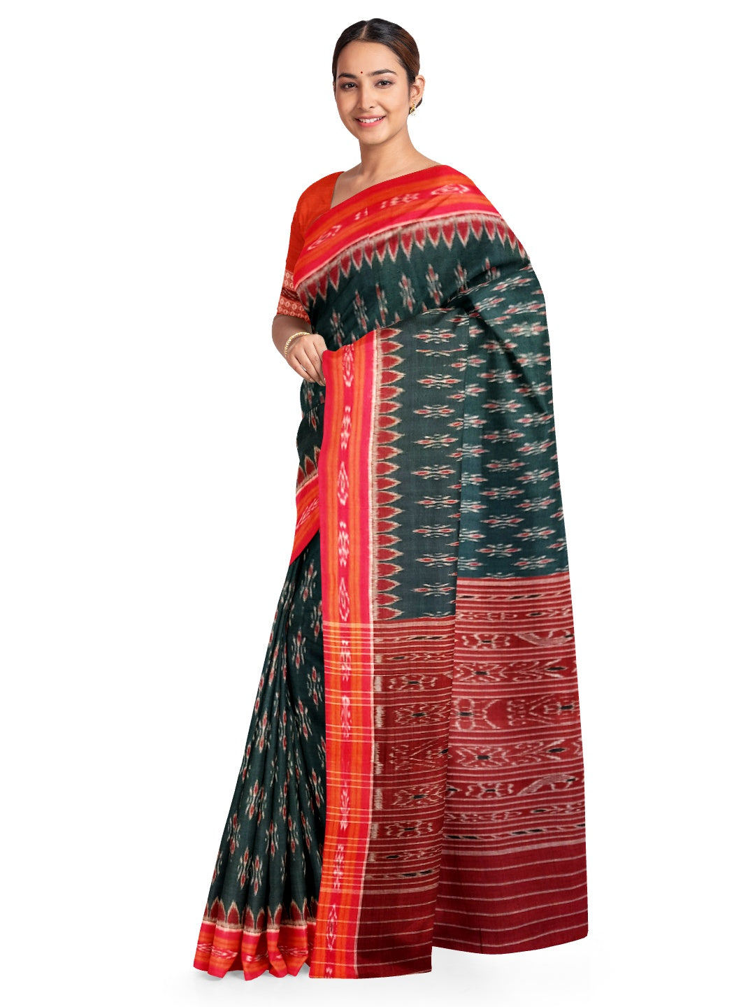 Green Red Cotton Odisha Ikat saree  with mix match cotton ikat blouse