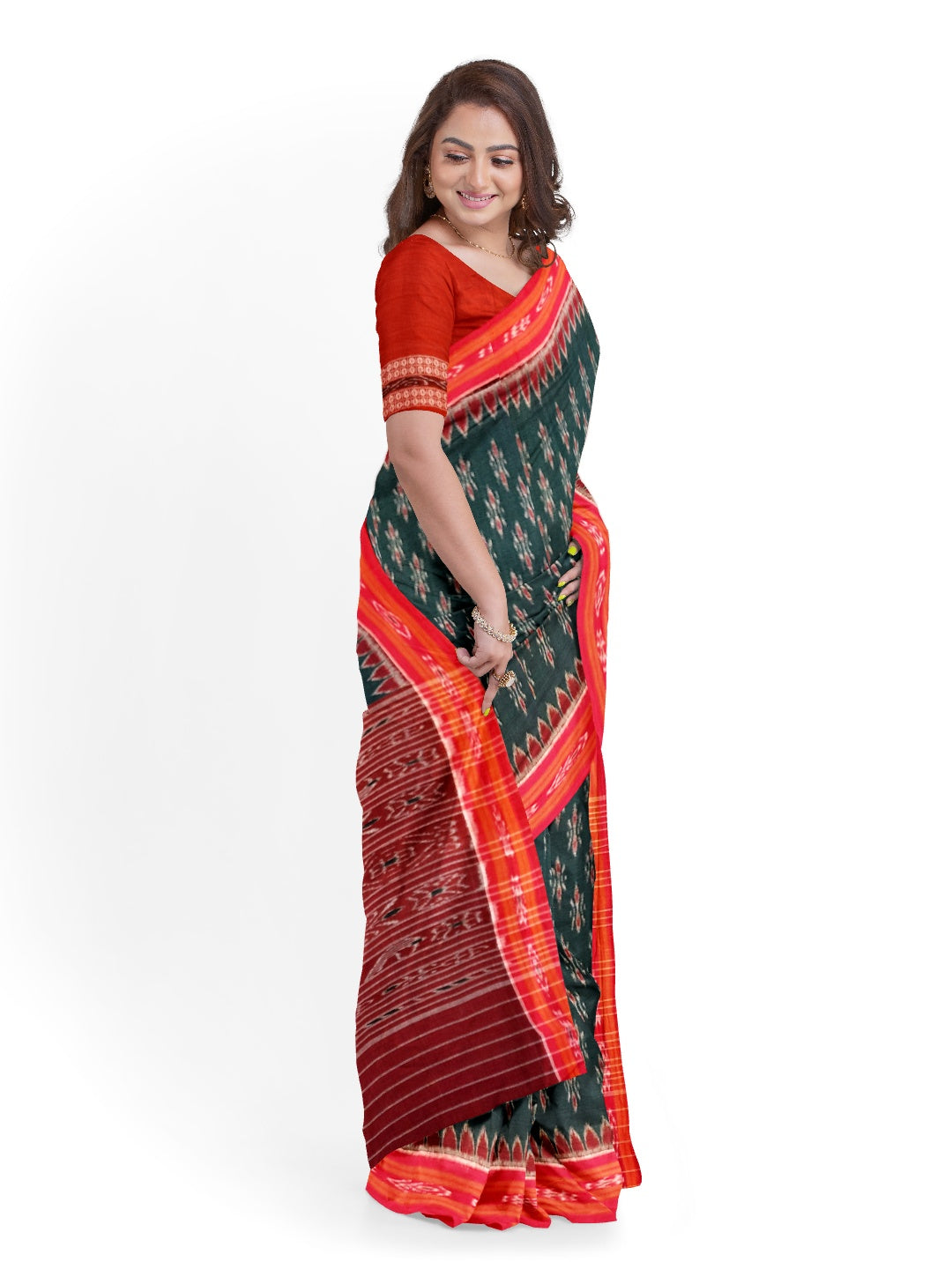 Green Red Cotton Odisha Ikat saree  with mix match cotton ikat blouse