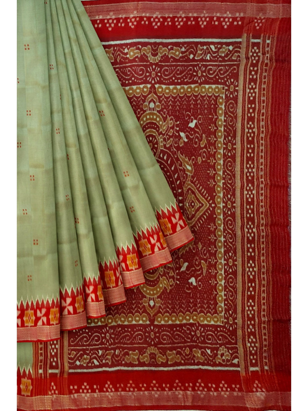 Greenish Grey Odisha Khandua Patta Silk Saree paired with cotton ikat blouse piece