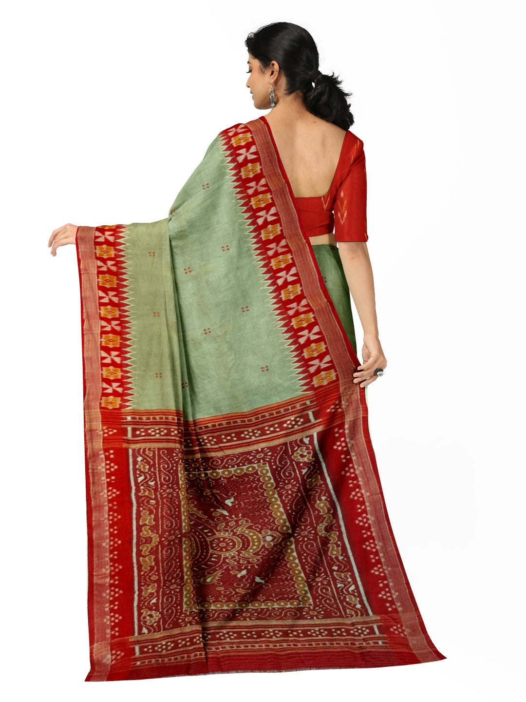 Greenish Grey Odisha Khandua Patta Silk Saree paired with cotton ikat blouse piece