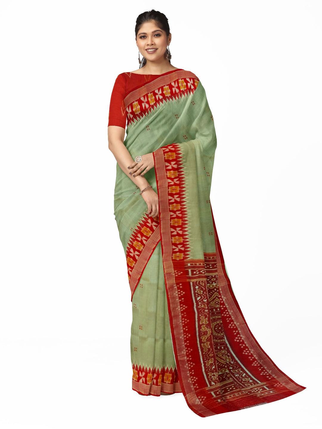 Greenish Grey Odisha Khandua Patta Silk Saree paired with cotton ikat blouse piece