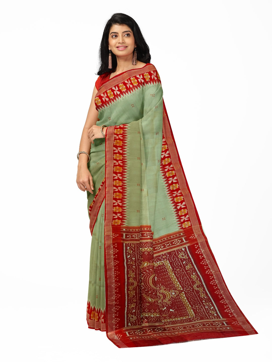 Greenish Grey Odisha Khandua Patta Silk Saree paired with cotton ikat blouse piece