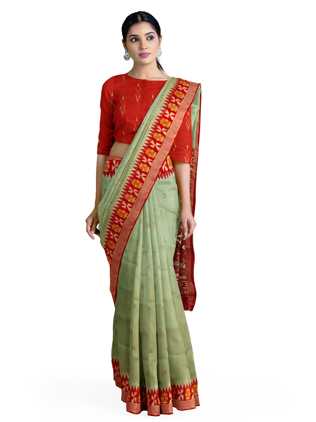 Greenish Grey Odisha Khandua Patta Silk Saree paired with cotton ikat blouse piece