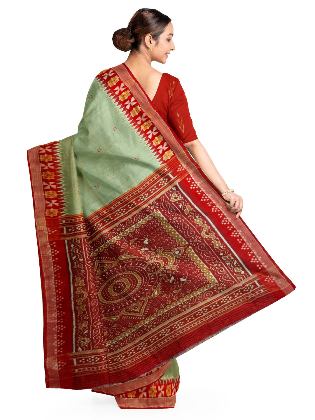 Greenish Grey Odisha Khandua Patta Silk Saree paired with cotton ikat blouse piece