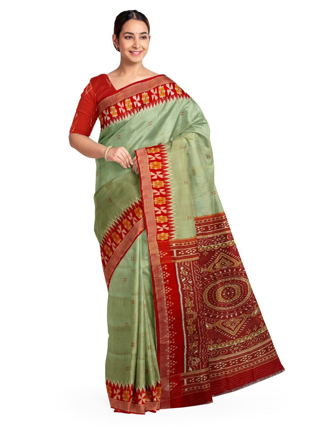 Greenish Grey Odisha Khandua Patta Silk Saree paired with cotton ikat blouse piece