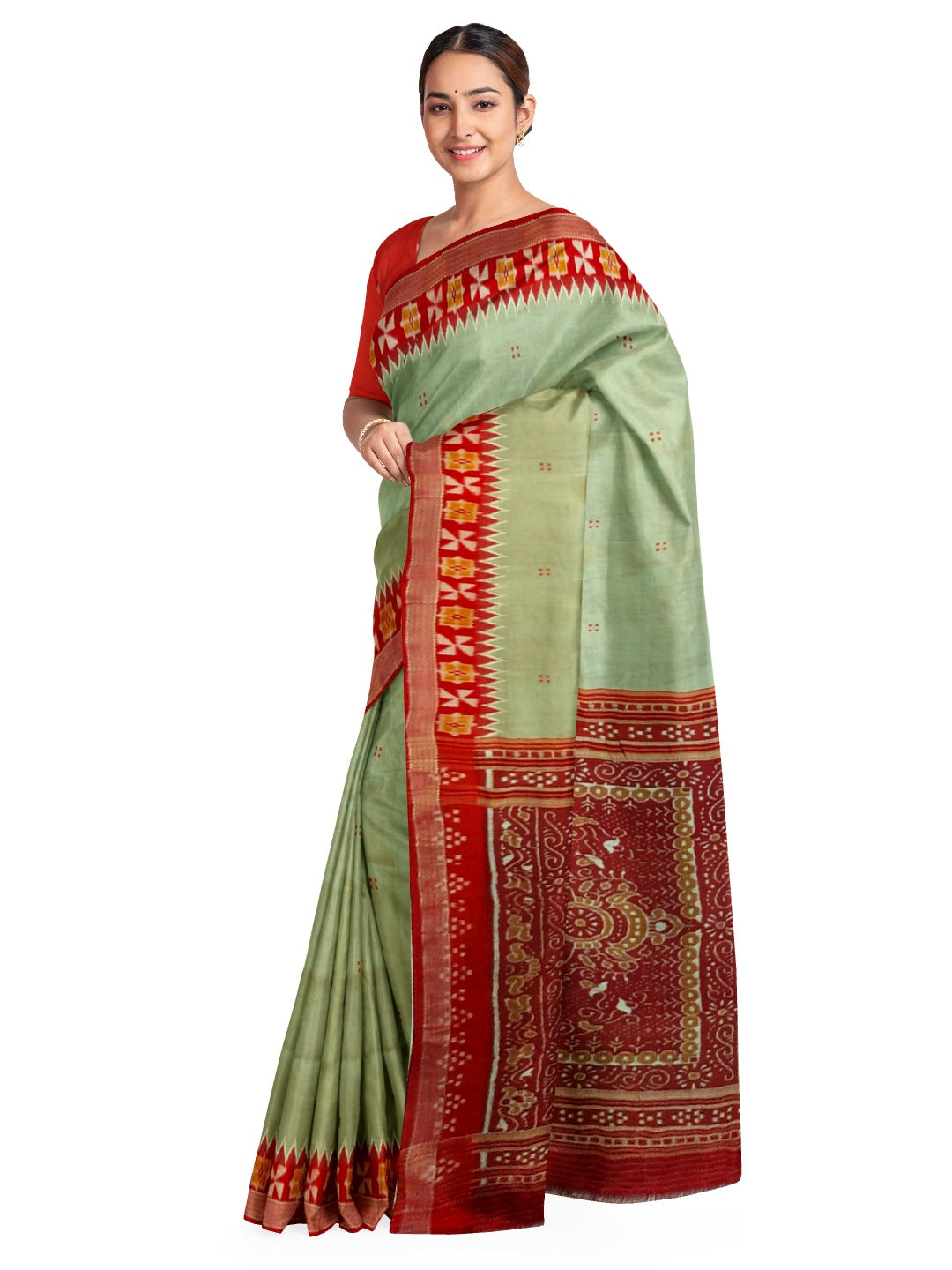 Greenish Grey Odisha Khandua Patta Silk Saree paired with cotton ikat blouse piece