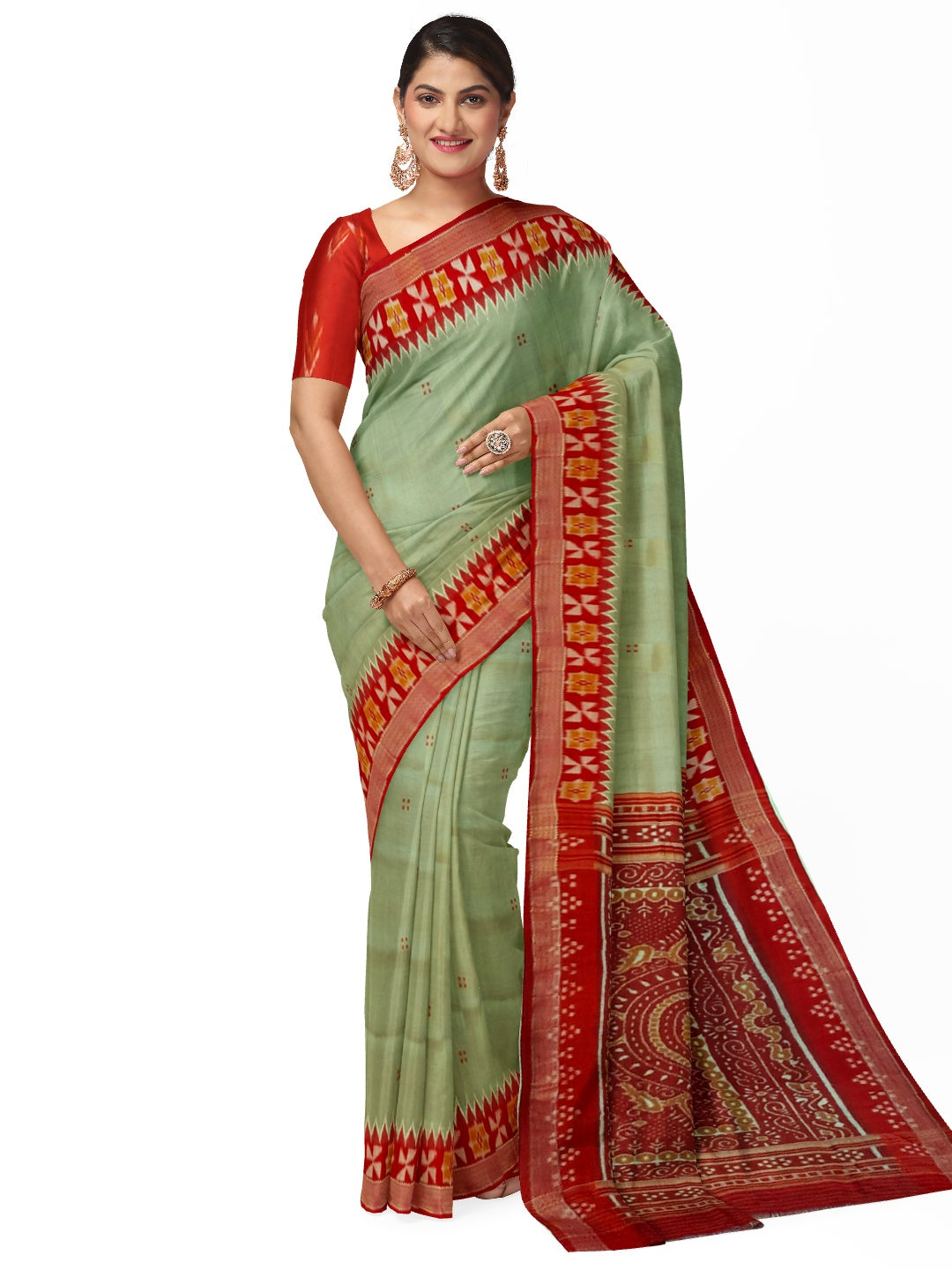 Greenish Grey Odisha Khandua Patta Silk Saree paired with cotton ikat blouse piece