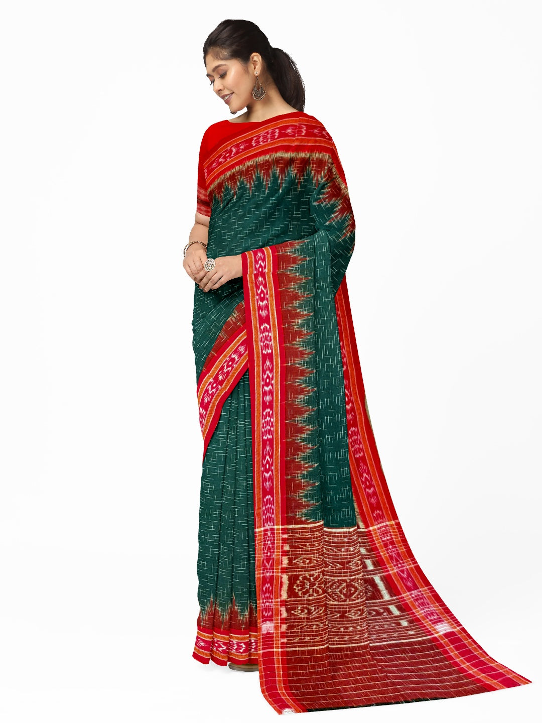 Green Cotton Odisha Ikat saree  with mix match cotton ikat blouse piece