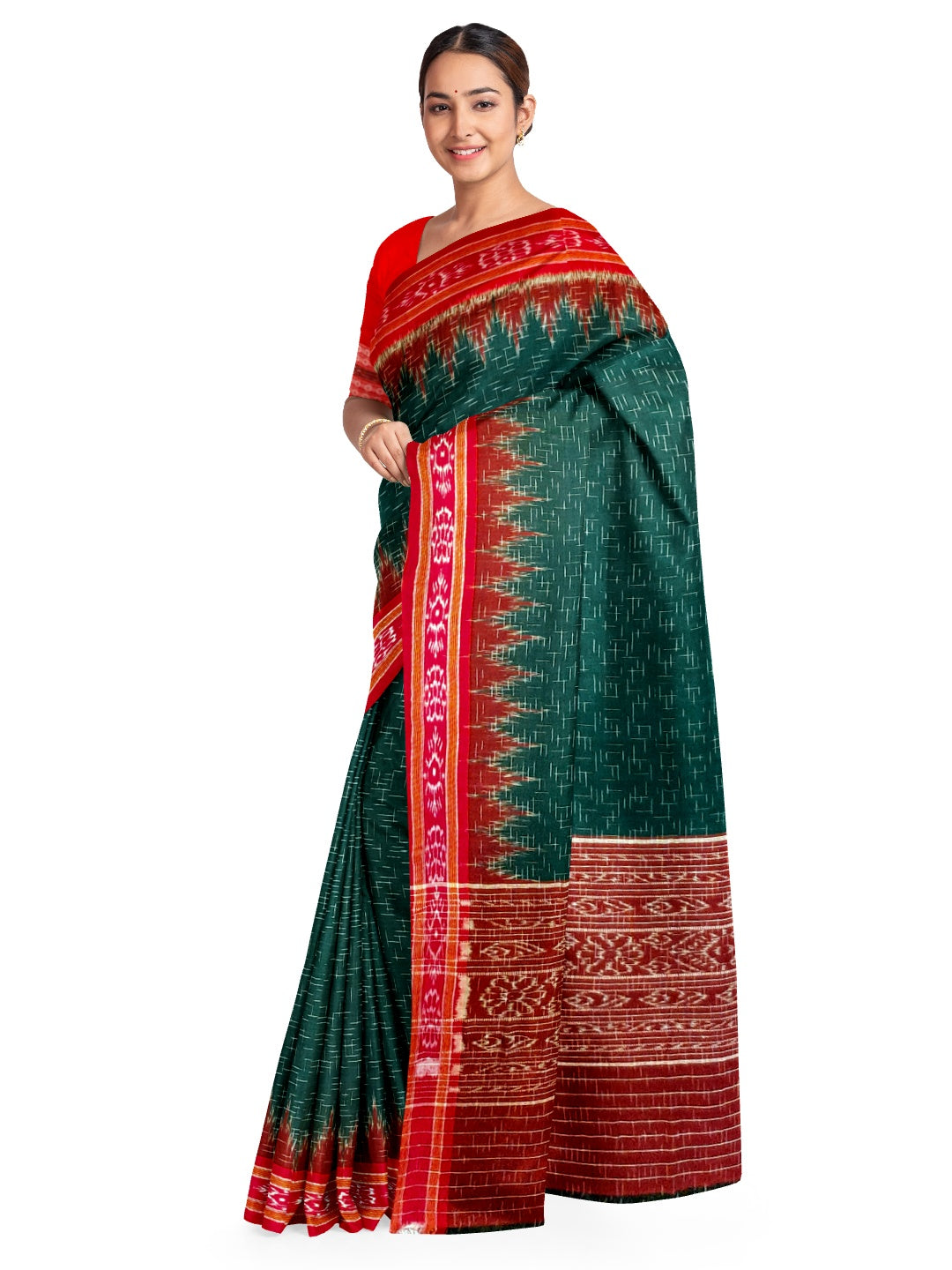 Green Cotton Odisha Ikat saree  with mix match cotton ikat blouse piece