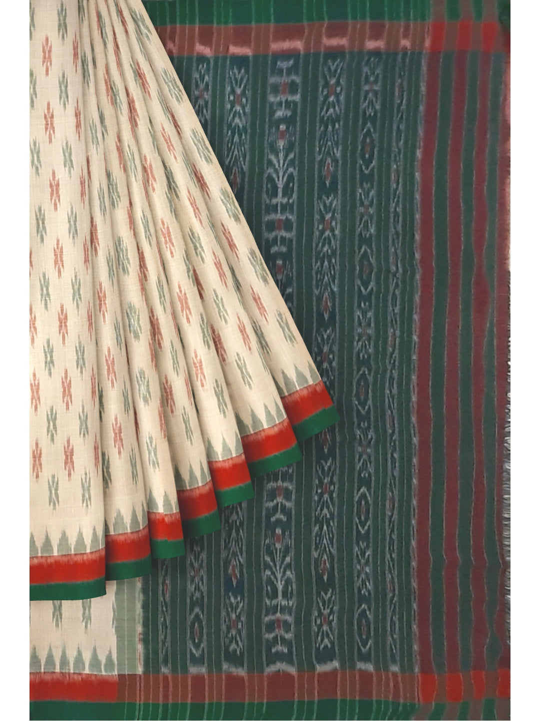 Beige with RedGreen Border Cotton Odisha Ikat saree with cotton Sambalpuri ikat blouse piece
