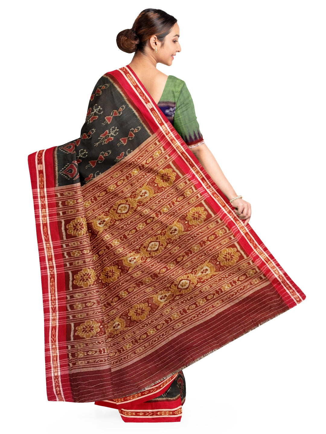 Green Odisha Ikat saree with cotton ikat blouse piece