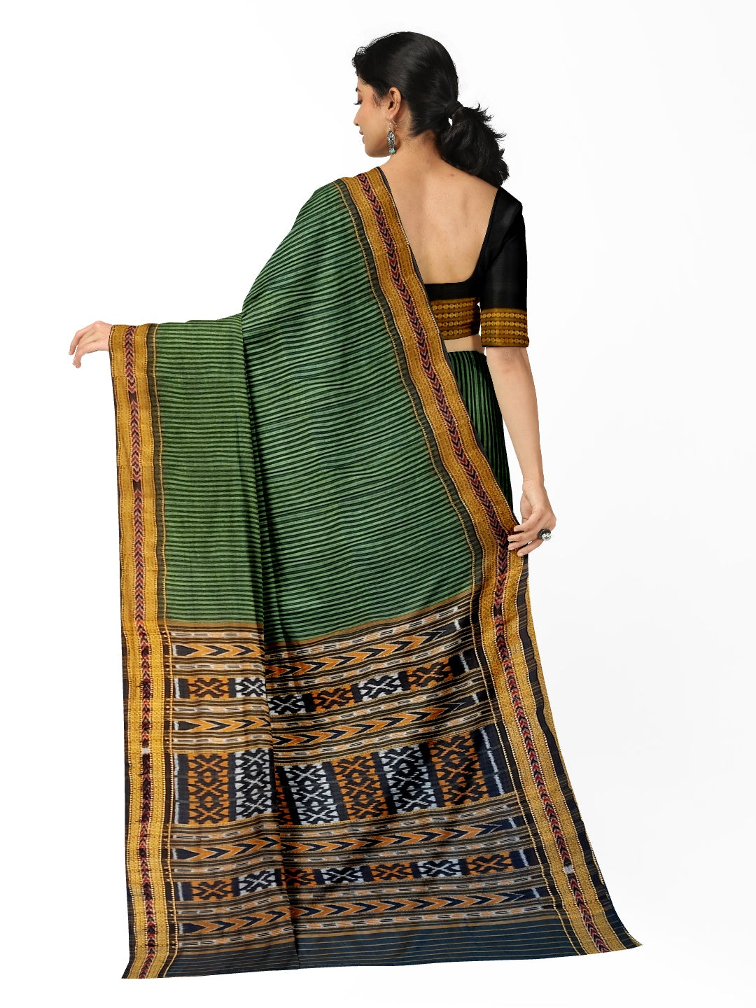 Green and Black Odisha Khandua Silk Saree with Mulberry silk blouse piece