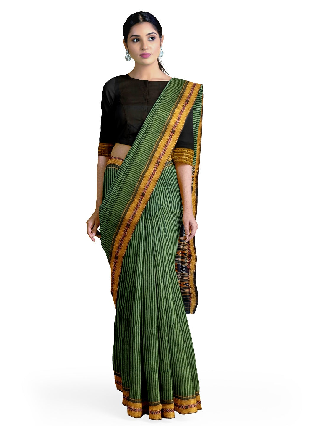 Green and Black Odisha Khandua Silk Saree with Mulberry silk blouse piece
