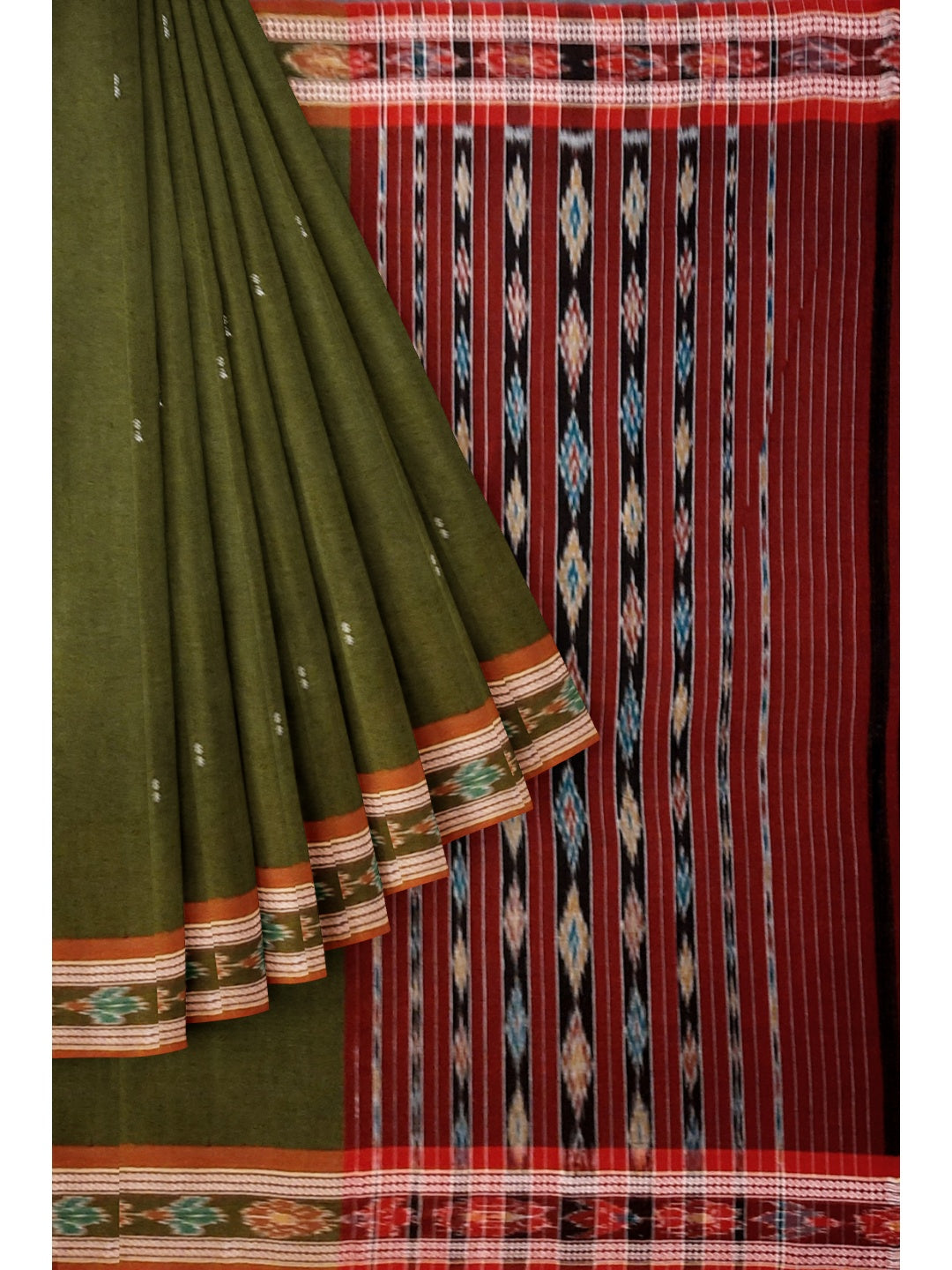 OliveGreen Odisha Ikat saree  with mix match cotton ikat blouse