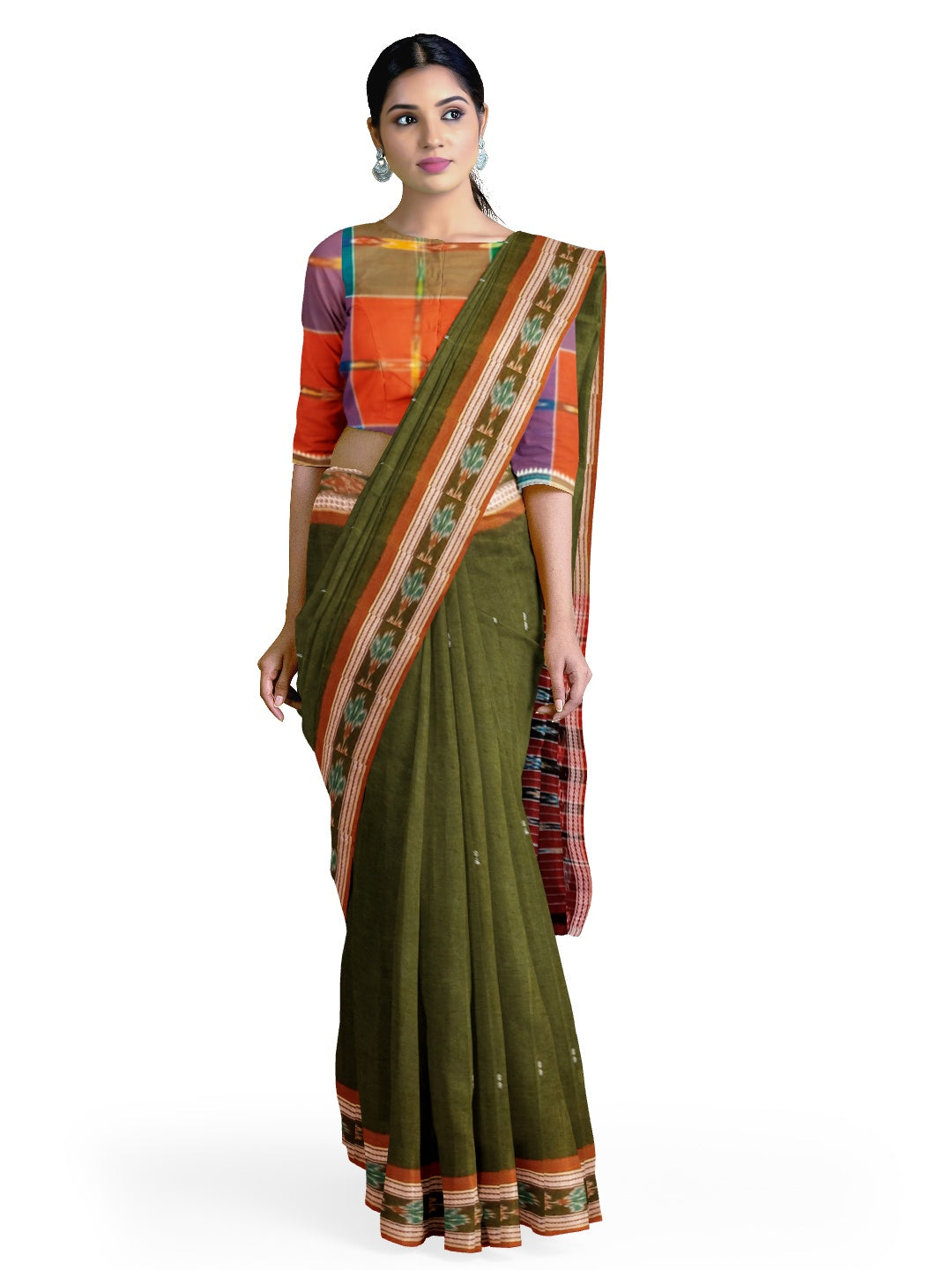 OliveGreen Odisha Ikat saree  with mix match cotton ikat blouse
