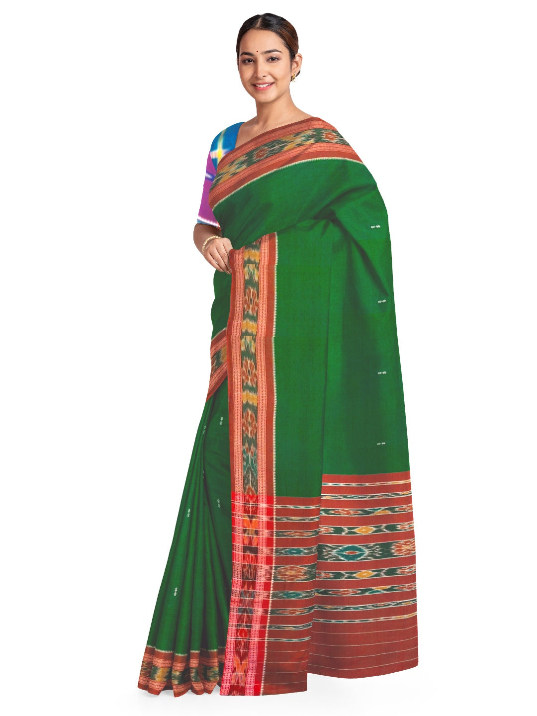 Green Odisha Ikat saree  with mix match cotton ikat blouse