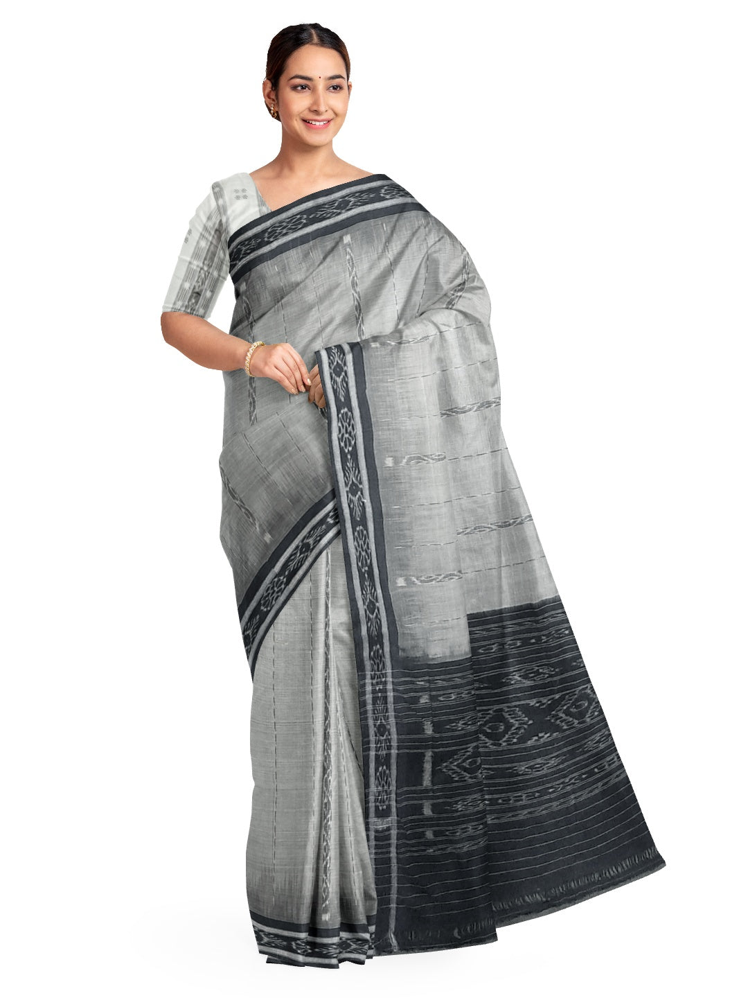 Grey with Blue Odisha Cotton Ikat Saree with Sambalpuri ikat blouse piece