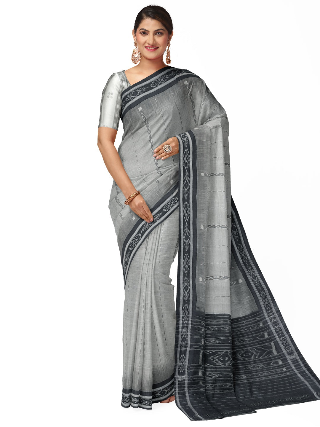 Grey with Blue Odisha Cotton Ikat Saree with Sambalpuri ikat blouse piece